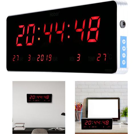 Horloge murale numérique LED avec calendrier et température, prise UE 110-240V (calendrier, température, semaine) (1/5)