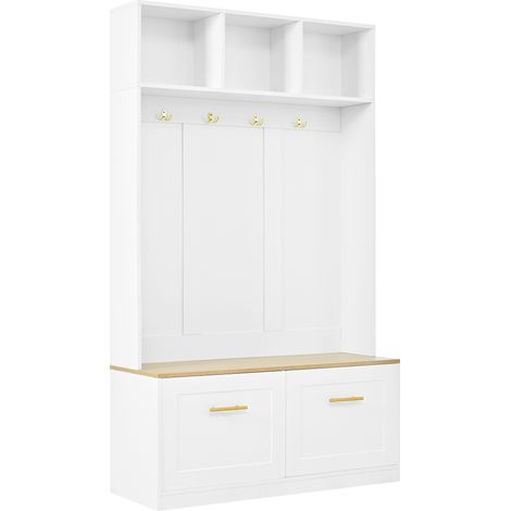 Ensemble meuble d’entrée avec banc, rangement ouvert et 2 portes – Porte-manteau compact avec 4 crochets, naturel et blanc, dimensions 105 × 40 × 180 cm