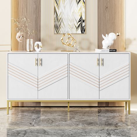 Credenza in MDF bianco e effetto legno, 4 ante, 2 ripiani regolabili, 160 x 40 x 80,5 cm