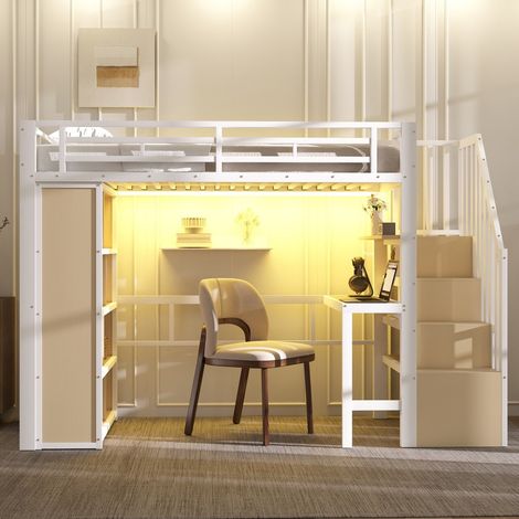 Lit Mezzanine fer-blanc-LED intégré-bureau-rangements-escalier tiroirs-251x90x169,4cm-Sans Matelas (1/5)