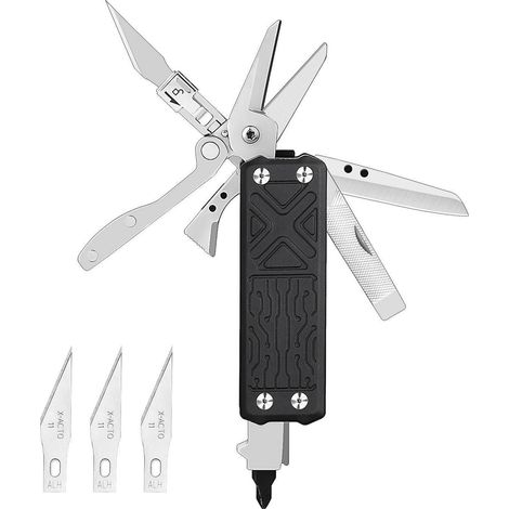 Taschenmesser mit 10 Funktionen, Edelstahl, Einhandbedienung, Schwarz