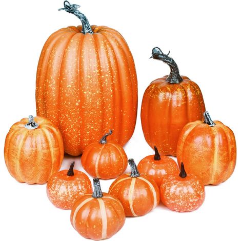 DOLASO 10 Stück Herbst-Kürbis-Dekorationen, große orangefarbene künstliche Kürbisse, künstliche Gemüse-Kürbis-Dekoration, Thanksgiving-Ernte-Halloween-Dekoration (1/5)