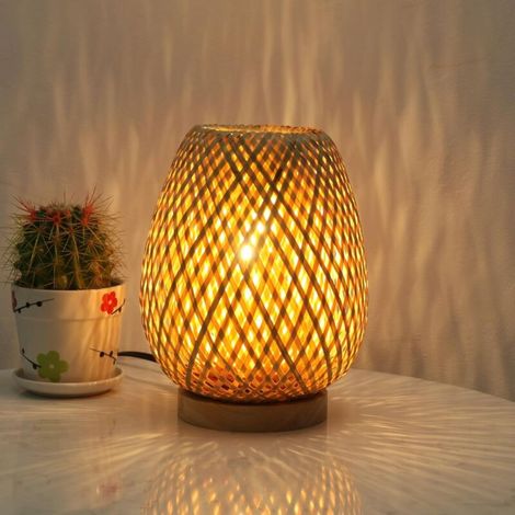 Lampe de table rétro en osier et bambou tressés (lumière chaude), interrupteur USB à une position, idéale pour la chambre et le salon - 1 pièce (1/5)