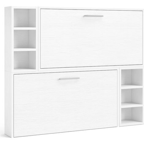 Lit escamotable superposé horizontal 2 couchages 80x180 avec étagères Binka-2 matelas-Coffrage Wengué-Façade Blanche (1/5)