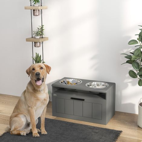 Gamelle Chien Surélevée avec Bols Anti-Glouton & Eau en Acier Inoxydable, Tiroir de Rangement, 60x30x35cm, Gris (1/5)