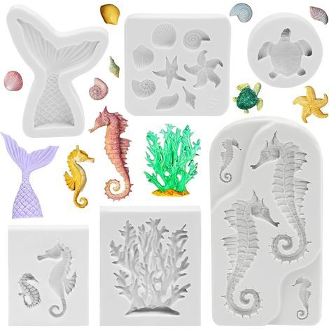 6pcs Mermaid Fondant Silicone Molds, 3D Sea Animals, Shell, Starfish, Turtles, Silicone Molds for Cake Decorating, Chocolate, Candy, Handmade Soap (1/5)
