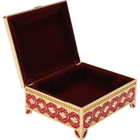 Boîte à bijoux vintage en métal avec motif de rose en relief, boîte de rangement à bijoux carrée à un seul niveau de style européen, cadeau de décoration intérieure (rouge).