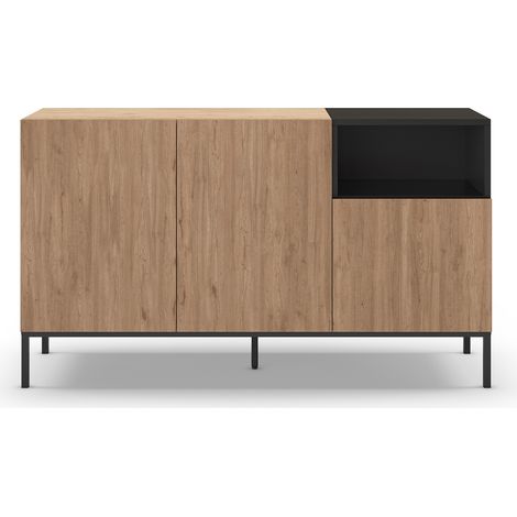 Buffet, commode de rangement avec 3 tiroirs aspect bois coloris naturel, noir et pieds en métal coloris noir  - Longueur 140 x Profondeur 40 x Hauteur 80 cm (1/4)