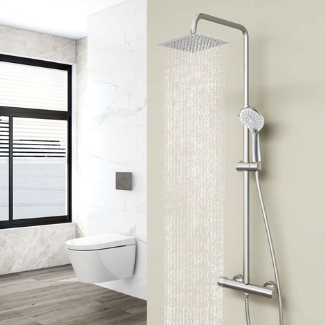 Biubiubath Colonne de douche thermostatique chromée, douchette à main avec 3 modes de pulvérisation réglables, pour salles de bains modernes, réglable en hauteur (1/5)