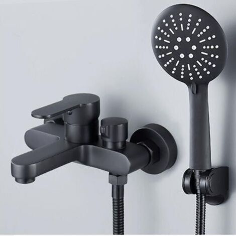 Schwarze Badewannenarmatur mit 3-Strahl-Handbrause – Wandmontierte Duscharmatur – Einhebelmischer für Badewanne mit Halterung und Brauseschlauch (1/4)