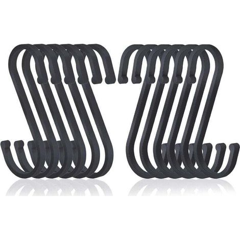S-Hook Set of 12 Flat Aluminum S-Hooks for Hanging, Butcher Hooks with Matte Finish for Kitchen, Bedroom, Bathroom, Office and Garden, Black (1/4)
