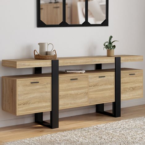PHOENIX XXL Aparador de 4 puertas 200 cm con madera y hornacina negra