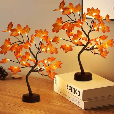 Lot de 2 sapins lumineux d'automne en forme d'érable, 24 LED, interrupteur tactile, alimentation par câble USB ou piles, idéal pour les fêtes et festivals. (1/5)