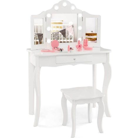 Montage facile, coiffeuse enfant 2 en 1 avec tabouret, miroir LED amovible 3 volets, tiroir, bureau blanc (1/5)