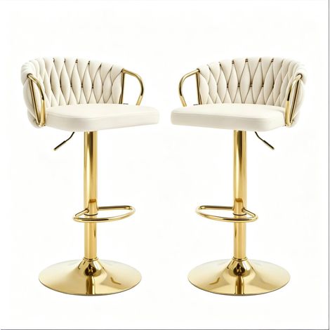 Set de 2 taburetes de bar giratorios en terciopelo color marfil con estructura metálica y reposapiés (1/5)