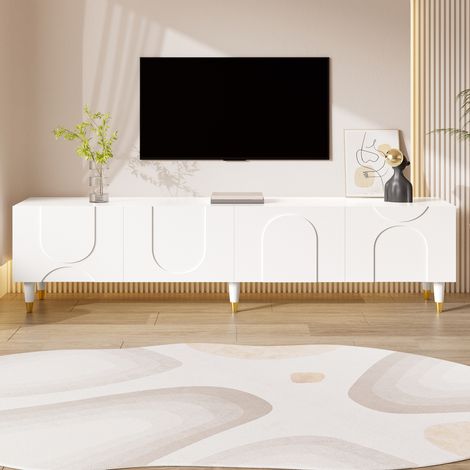 Meuble TV Blanc 180 cm avec 4 Portes à Relief d'Arches Asymétriques, Pieds en Bois Massif et Passages de Câbles, Grand Meuble TV Bas de Salon Scandi Moderne (1/5)