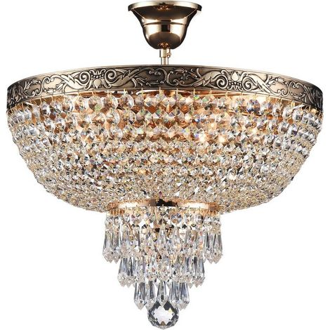 Palace Plafonnier semi-encastré doré antique et cristal, 5 lumières, E27