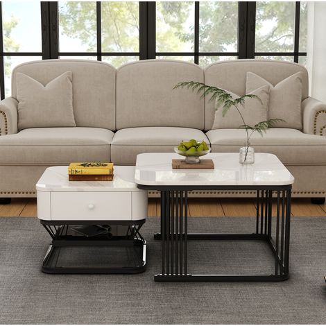 Lot de 2 tables basses effet marbre brillant, 1 tiroir, blanc/noir, 70x70x45 cm + 50x50x40 cm (1/5)