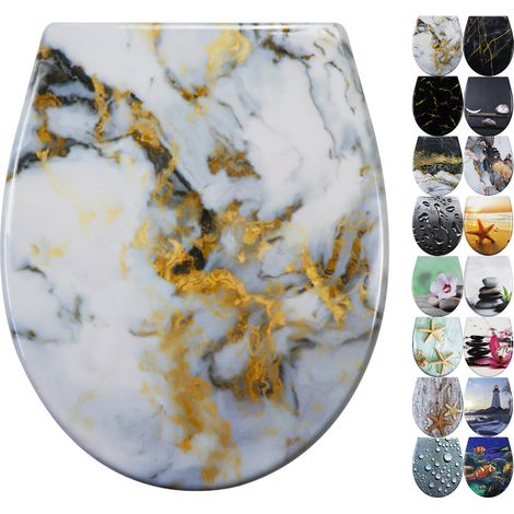 Abattant de WC avec système d'abaissement automatique, couvercle de toilette avec fonction Quick Release, montage par le haut, siège de toilette en Duroplast avec motif (1/5)