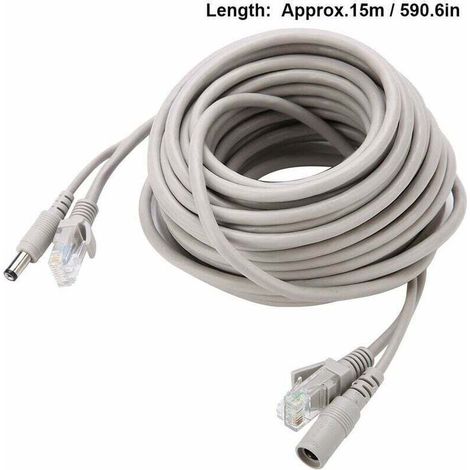 Câble combiné réseau et alimentation 15m avec connecteurs, rallonge caméra de surveillance, compatible adaptateur 12V 2A
