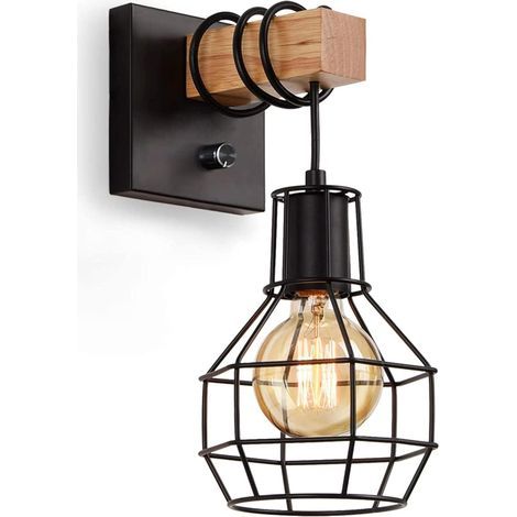 Applique murale industrielle d\'interieur,cage vintage dimmable avec interrupteur,e27 noir (sans ampoule) (1/5)