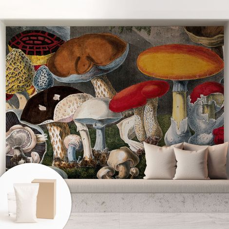 Papier peint intissé mural avec imprimé motifs décoratifs - style contemporain - Colle incluse gratuite Champignons botaniques 208x146 cm (1/5)