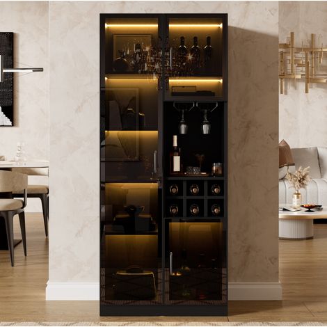 Vetrina 60x36x160 cm con LED controllabile da app, portabottiglie, MDF e truciolare nero (1/5)
