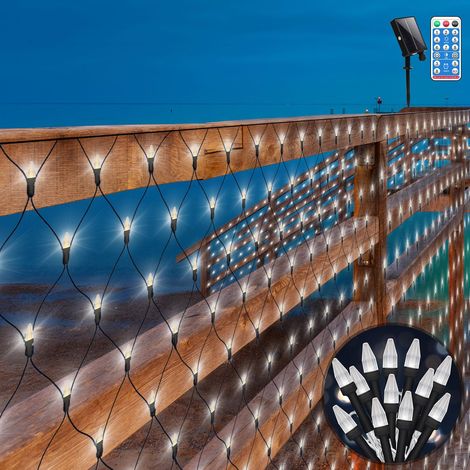 Solaire Filet Lumineux Extérieur, 3 x 2 m guirlande lumineuse LED solaire pour jardin, arbre de Noël, fil vert avec télécommande pour balcon, clôture, décoration de Noël (blanc) (1/5)