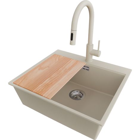 PRIMAGRAN Evier Cuisine en Granit 58x50cm,Lavabo 1 bac + Robinet 40x20cm + Kit de Vidage + Planche à Découper, Évier à Encastrer au meuble 60cm - Oslo, Beige (1/5)