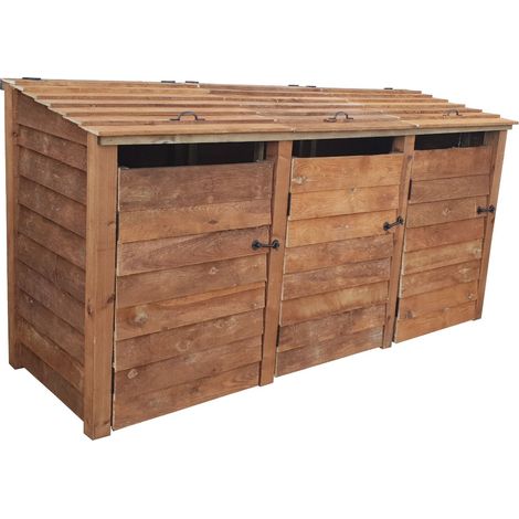 Wooden wheelie bin storage, for triple 240l waste bins (brown finish)