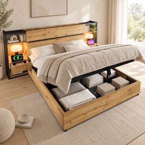Lit double avec Coffre Hydraulique 160x200 cm, 2 Chevets Intégrés, Tête de Lit avec Rangements, USB-A/USB-C, Sommier à Lattes, Chêne (1/5)