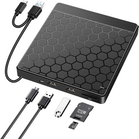 Lecteur/graveur CD/DVD externe 5 en 1 avec lecteur de cartes, unité optique portable multifonction pour CD. (1/4)