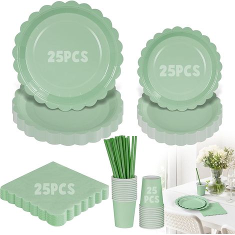 125 Pièces Vaisselle Jetable, Assiettes 23cm, Dessert 18cm, Gobelets 260ml, Vert, Fête Anniversaire (1/5)