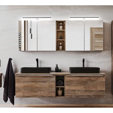Ensemble meubles salle de bain double vasques 180 cm + 5 éléments - Rosario Oak - Livraison gratuite