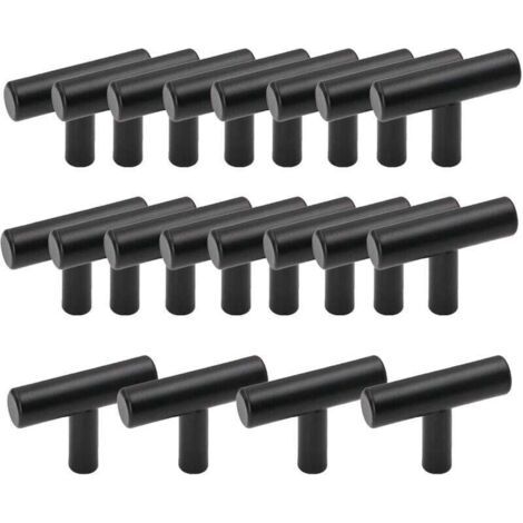 Set mit 20 T-förmigen Küchenschrankgriffen aus Edelstahl, schwarze Stangengriffe für Schubladen, inklusive Schrauben
