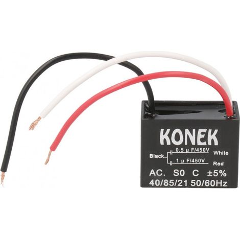 Condensateur moteur 1µF + 0,5µF 450Vac – Câbles de 110mm – Boîtier plastique – Fixation M4 – Pour démarrage de ventilateur – Konek