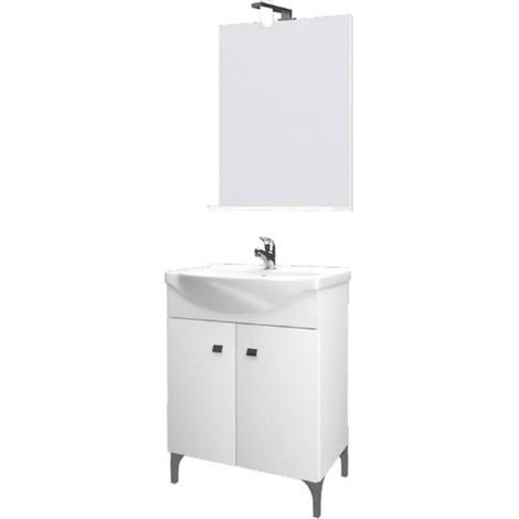 Composizione Mobile Bagno a Terra - 65 cm - Lavabo Integrato - Con Specchio e Faretto - Colore Bianco (1/2)