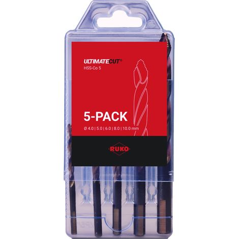 RUKO ULTIMATECUT Spiralbohrer-Satz DIN 338 Typ FLOWSTEP® HSS-Co 5 - 5-tlg. in Kunststoffbox - 259205ERO