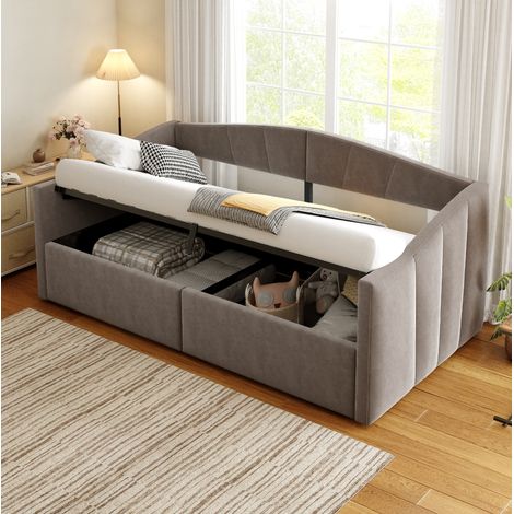 Sofá cama tapizado de terciopelo gris 90x200 cm con almacenaje hidráulico, somier de láminas y reposabrazos (1/5)