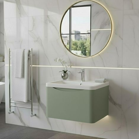 Nuie Lunar Satin Green 600mm Wall Hung Single Drawer Vanity Unit and Ceramic Basin - LUN805A
