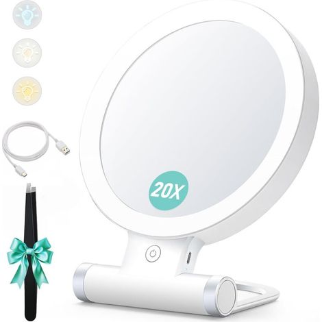 Specchio ingranditore con luce, 20x/1x, a doppia faccia, specchio per il trucco portatile, illuminazione a 3 colori, touchscreen con luminosità regolabile.