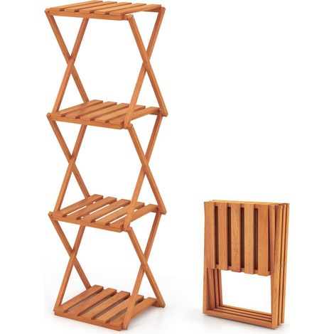 COSTWAY 4-Tier Folding Plant Rack Free Standing Shoe Rack w/Wood Frame-Natural (1/5)