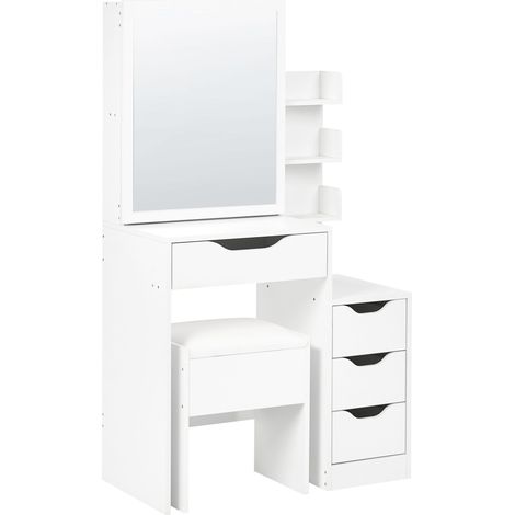 Dressing Table White MDF with Mirror and Stool 4 Drawers 3 Shelves Vanity Desk Make Up Mirror Minimalist Design Bedroom GATINEAU