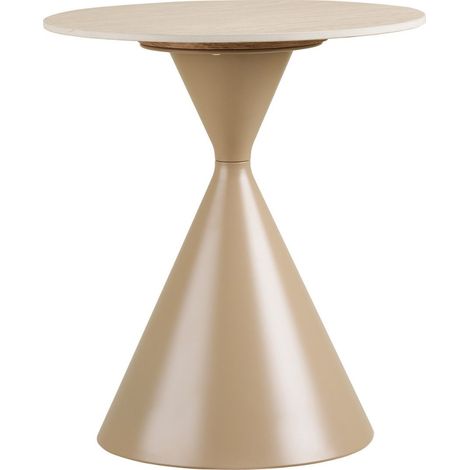 Bout de canapé Ø50cm plateau en céramique aspect travertin pied en métal beige - RIVAGE (1/5)