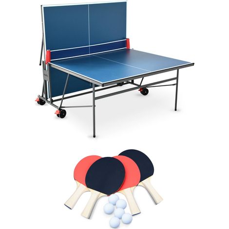 Table de ping pong INDOOR bleue - table pliable avec 4 raquettes et 6 balles. pour utilisation intérieure. sport tennis de table (1/5)