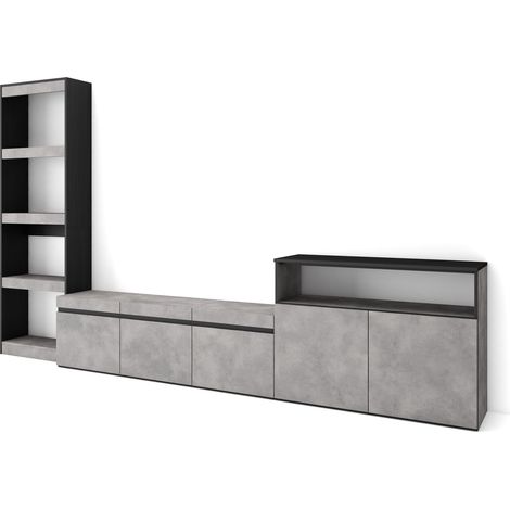 Skraut Home – Ensemble meuble TV moderne 310x35x186cm – Pour TV jusqu'à 65" – Couleur ciment et noir – Rangement optimisé avec 2 portes et étagère (1/5)