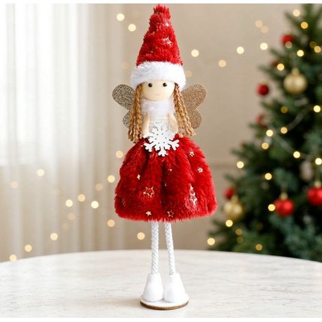 Figurine ange de Noël rouge 30 cm, décoration de table festive avec ailes brillantes (1/3)