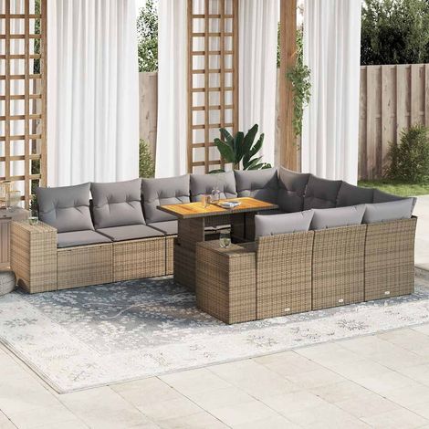 Salon de jardin avec coussins 10pcs beige résine tressée acacia (1/5)