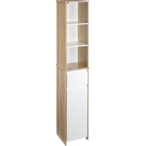 Étagère de salle de bain en bois gain de place, meuble colonne avec étagères, placard et tiroir, blanc, 32,6 x 30 x 171,2 cm (1/5)