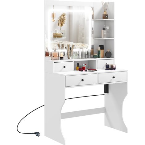 Consolle Trucco con Luci LED 3 Tonalità Specchio e Prese USB 90x45x160 cm Bianco